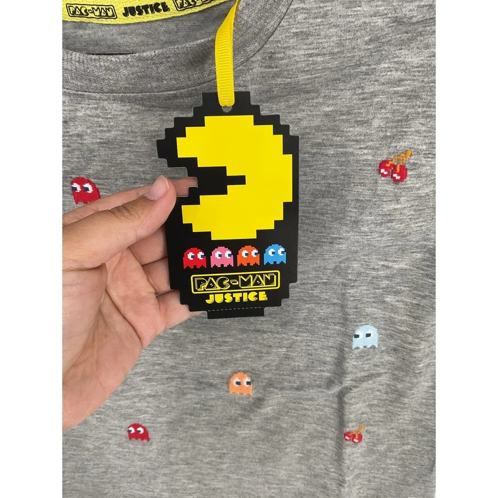 Justice Girls Pac-Man Cropped Graphic Tee Embroidered Gray S 7/8